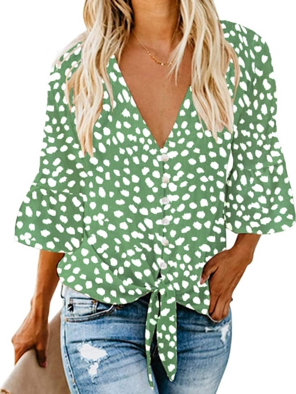 Kaneystore Casual Green Dot Tie-Front blouse Sz S